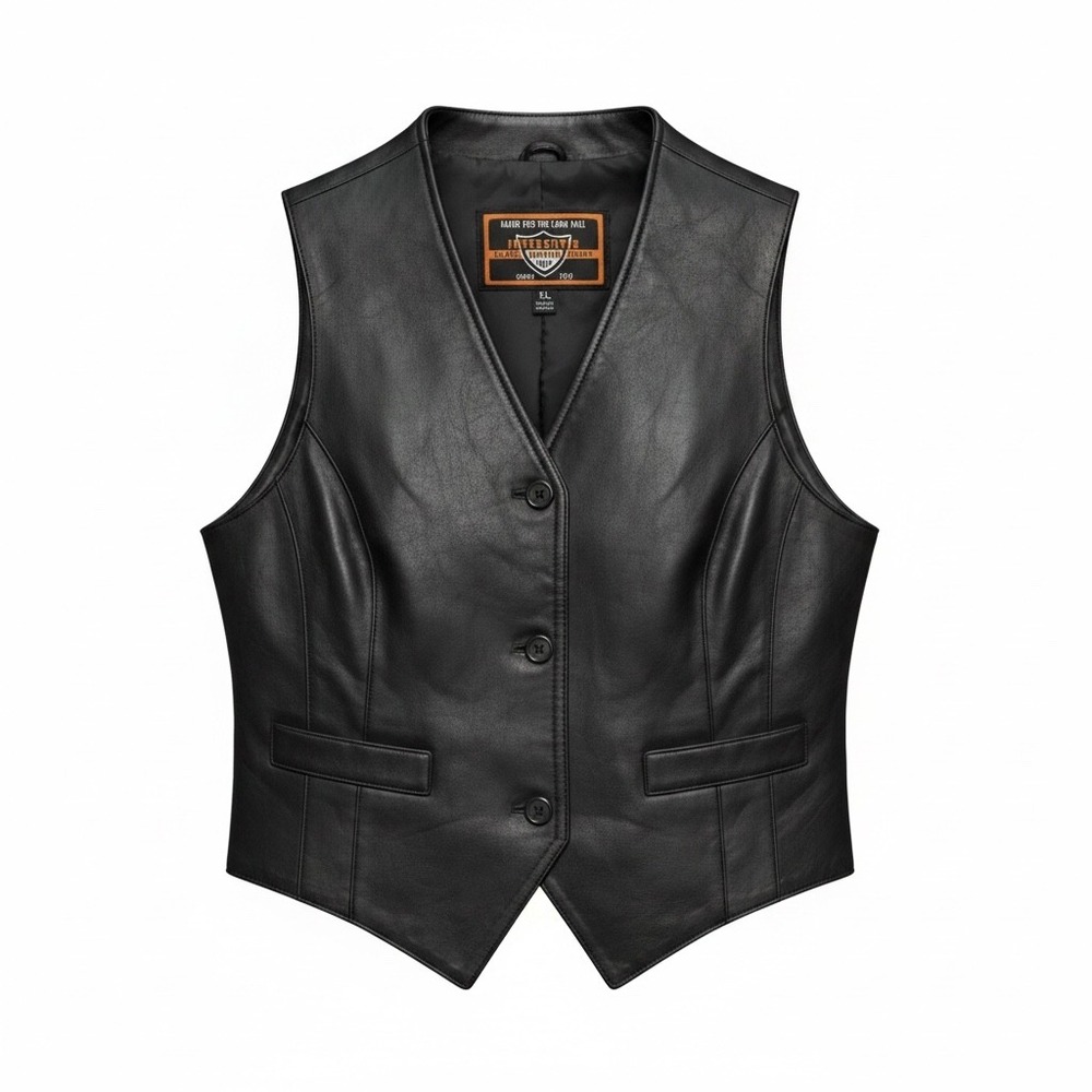 Interstate Leather Mens Black Biker Vest Genuine Leather Button Front XL